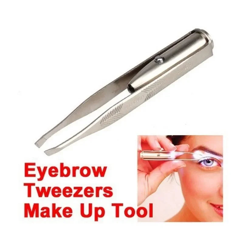 LED Lighted Eyebrow Tweezers | Slant Tip Stainless Steel Set