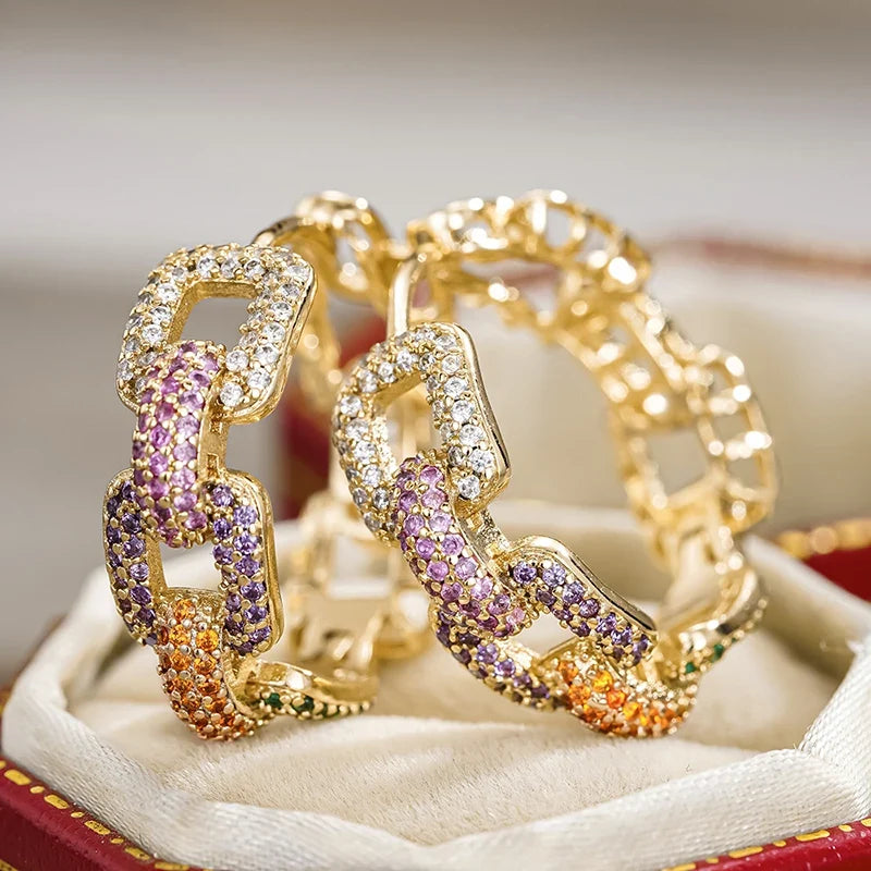Huitan CZ Hoop Earrings – Gold Chain Linked Circle for Women