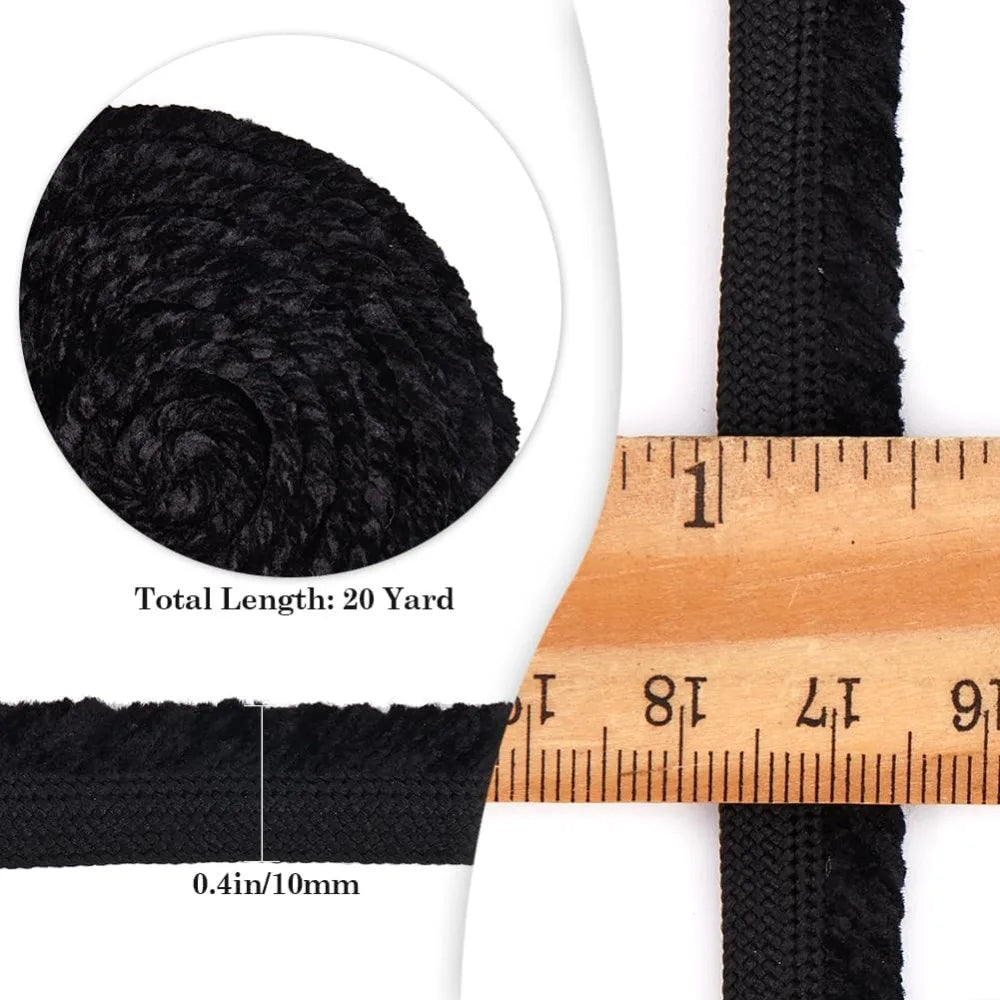 Chenille Lip Cord Piping Trim Tape – Black 3/8 In, 20 Yds