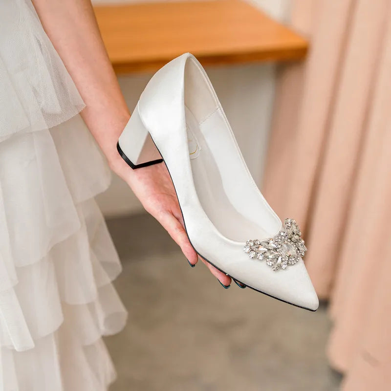 White Rhinestone Bridal Pumps – Pointed Toe Block Heel Sizes 34–43