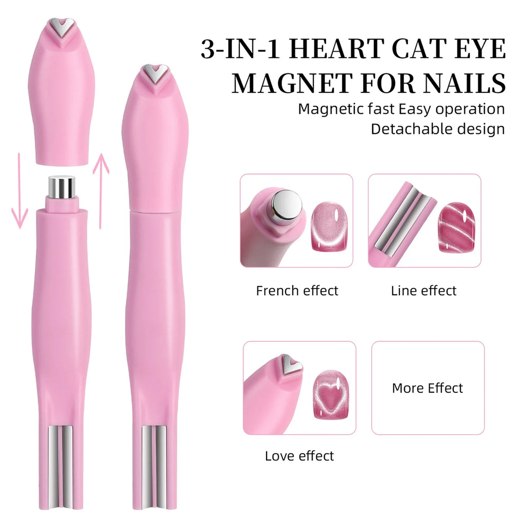 3IN1 Love-heart&snake Pattern Cat Eye Nail Magnet Pen French Water