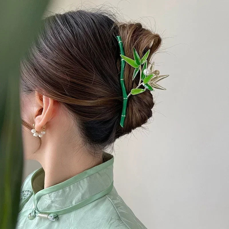 Chinese Vintage Retro Fresh Green Bamboo Fashion Pearl Metal Hair
