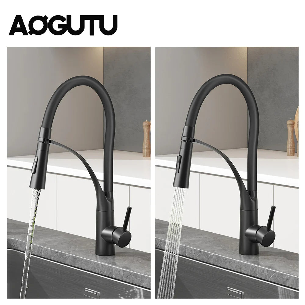 AOGUTU Brass Pull-Down Kitchen Faucet | Single Handle Mixer Tap