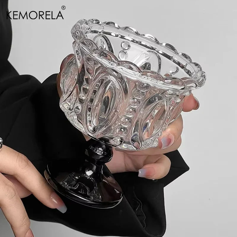 KEMORELA Retro Embossed Black Crystal Goblet | Whiskey & Dessert Glass