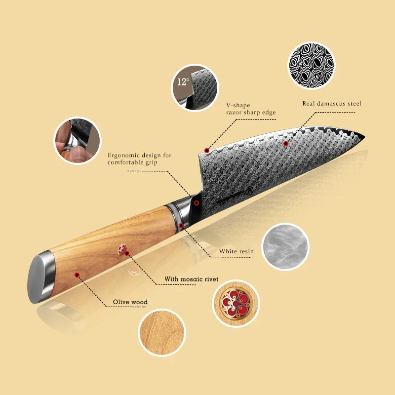 7-Piece Damascus Chef Knife Set – Japanese AUS-10 Olive Wood