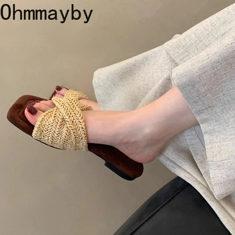 Women's Vintage Woven Flat Slides – Clip-Toe Beach Slippers