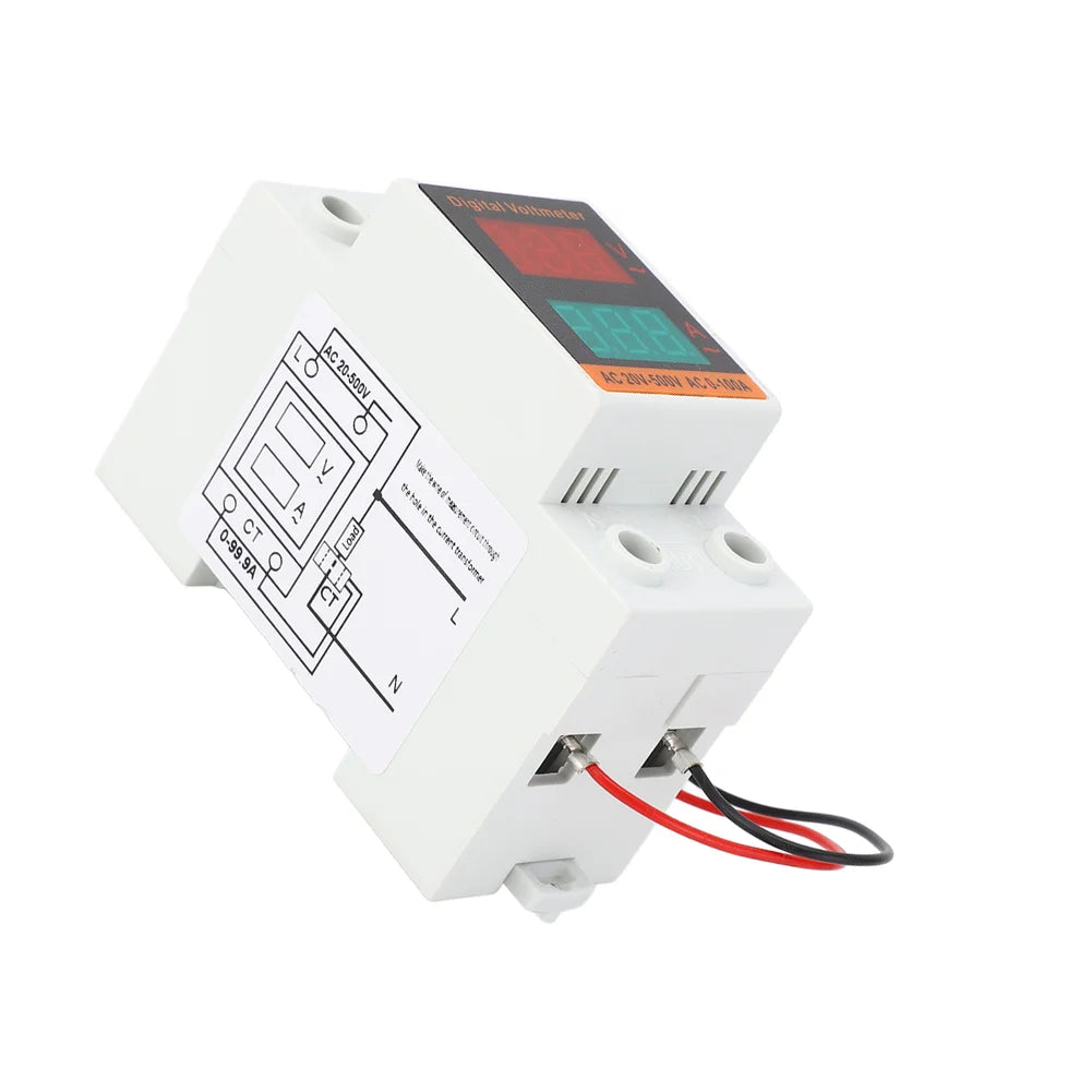 DIN Rail AC Ammeter & Voltmeter – Digital LED 20-500V 0-100A
