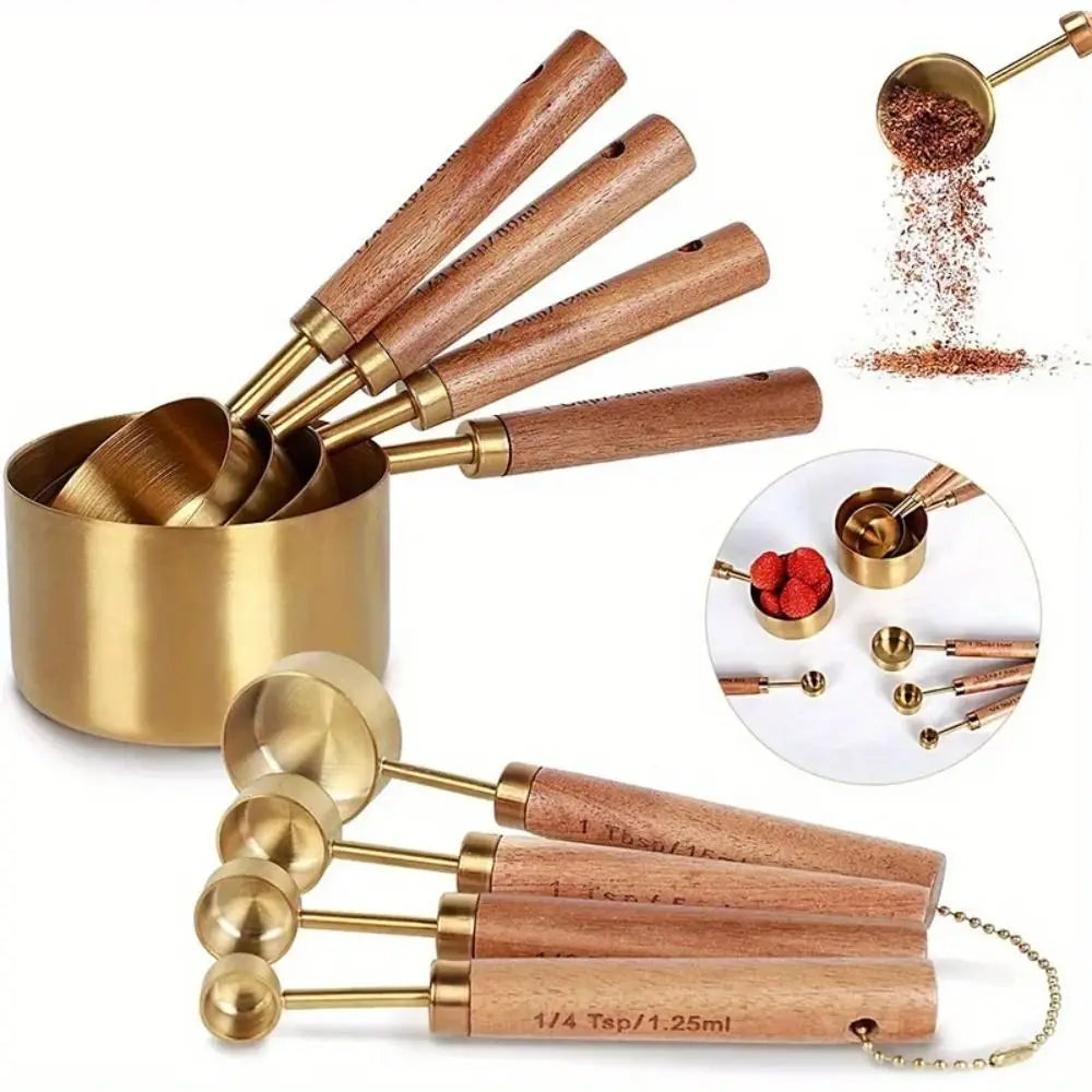 Wooden Handle Stainless Steel Measuring Cups & Spoons Set
