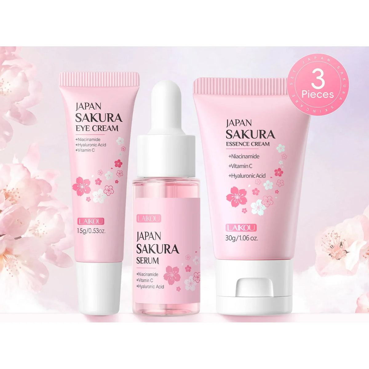 LAIKOU Sakura 3-Piece Skincare Kit – Serum, Eye Cream & Face Cream