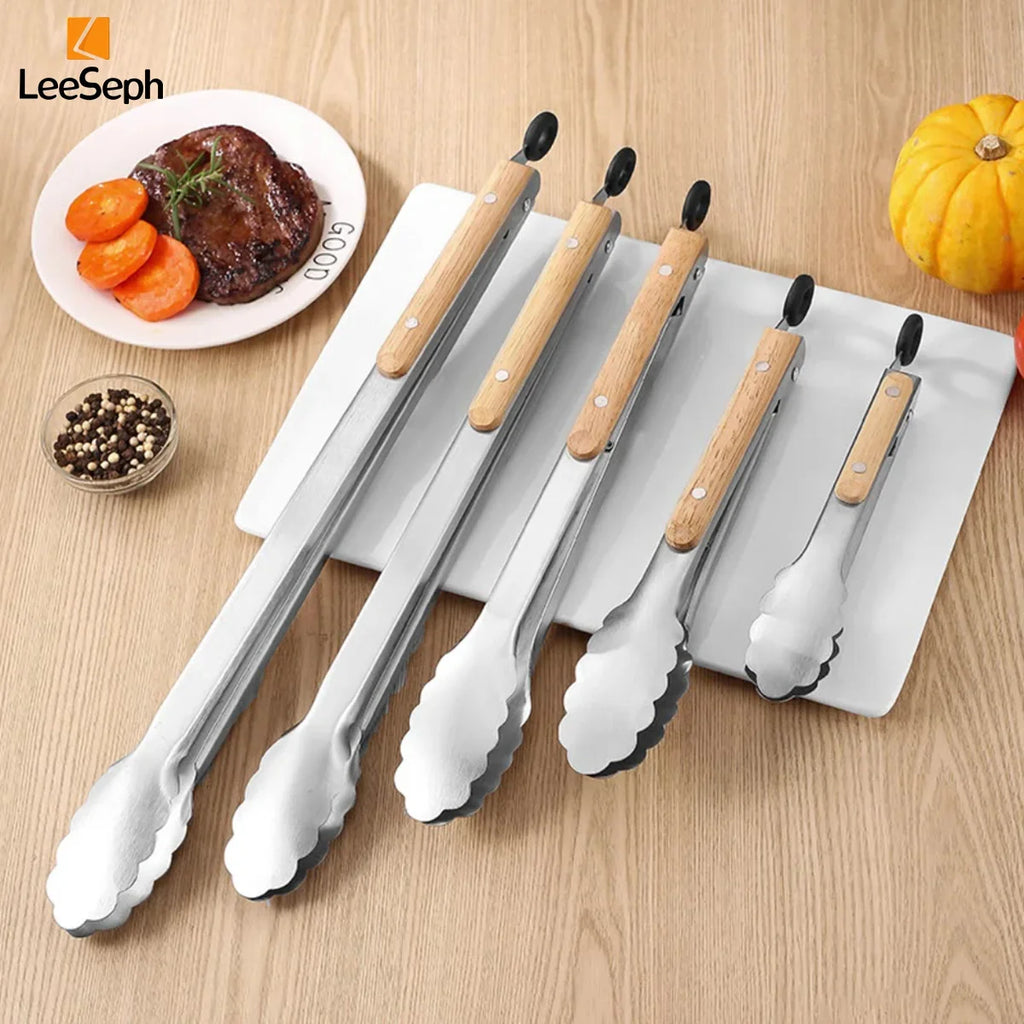 Stainless Steel Cooking Tong Oak Handle Barbecue Salad Locking Ring