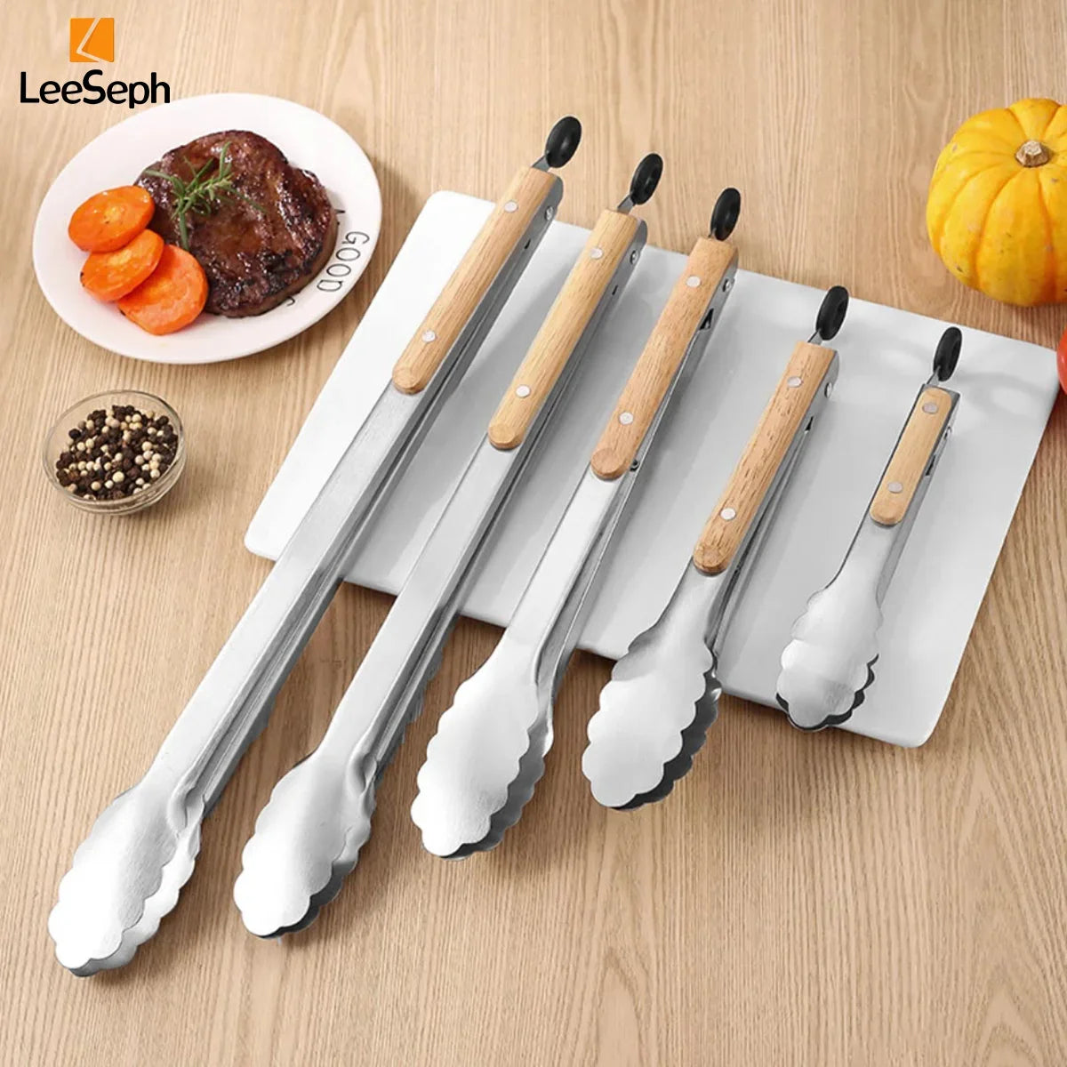 Stainless Steel Cooking Tong Oak Handle Barbecue Salad Locking Ring