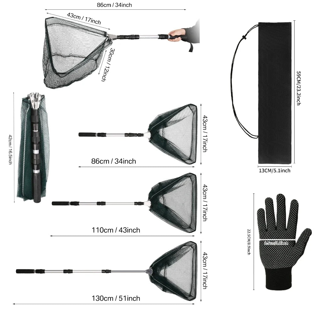 Telescoping Foldable Fishing Landing Net with Glove & Bag