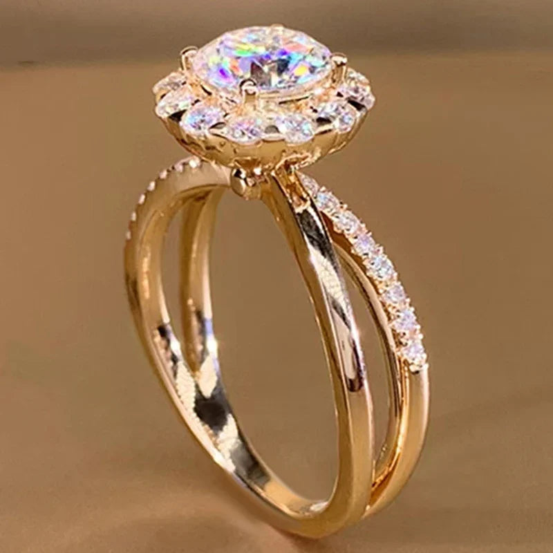 Huitan Gold CZ Wedding Ring for Women – Pavé Crystal Band