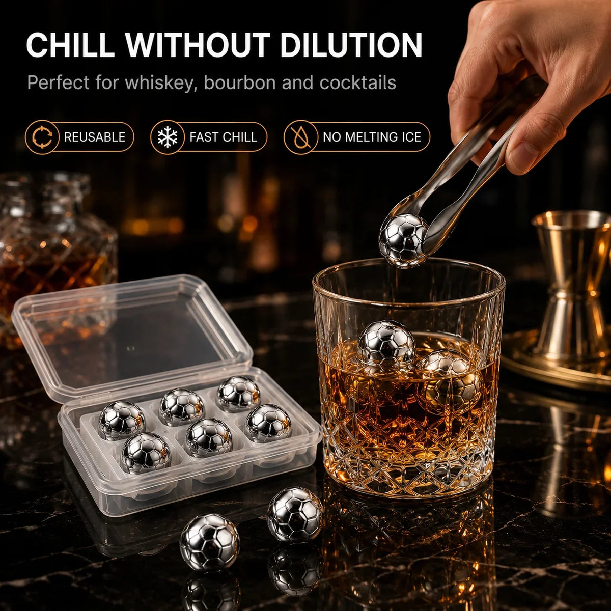 Soccer Ball Whiskey Stones – Steel Chilling Balls with Tongs