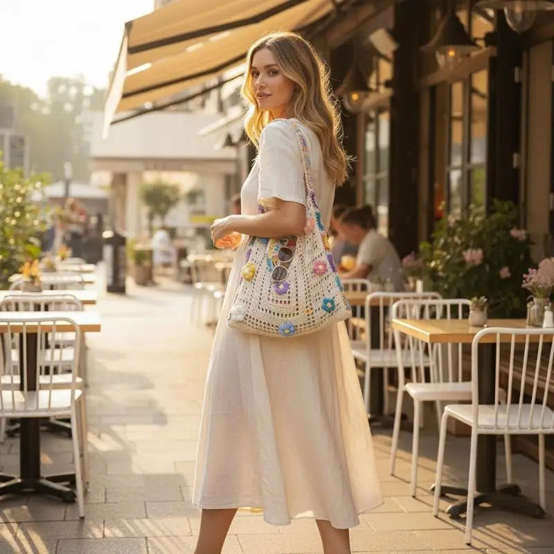 Women's Crochet Flower Knitted Tote Bag | Large Beach Shoulder Bag