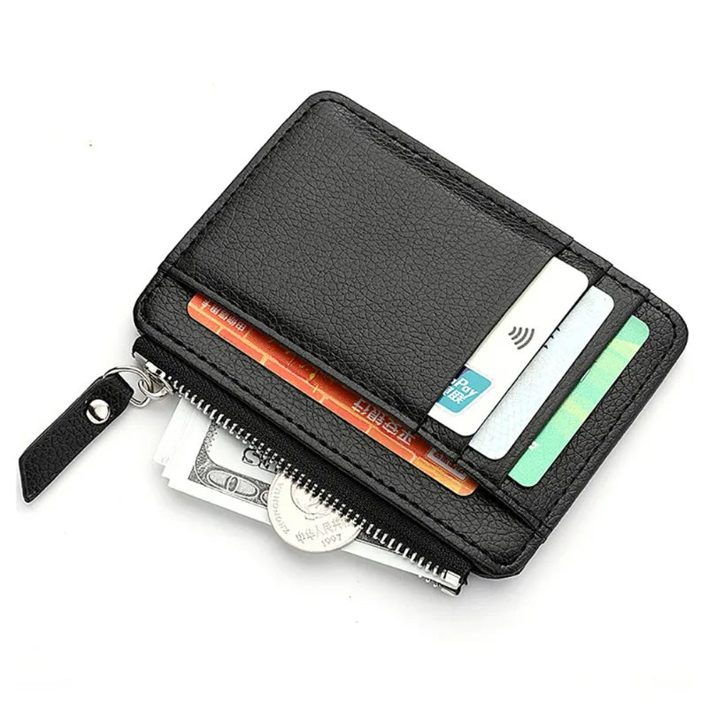 Lychee Pattern Zipper Card Holder – Slim PU Wallet