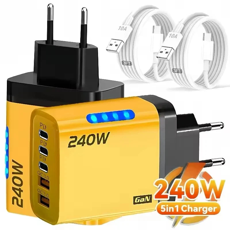240W GaN 5-in-1 Fast Charger | 3 USB-C + 2 USB-A Ports