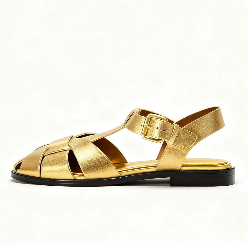 Women's Flat Gladiator Sandals – Gold Woven Metal Buckle