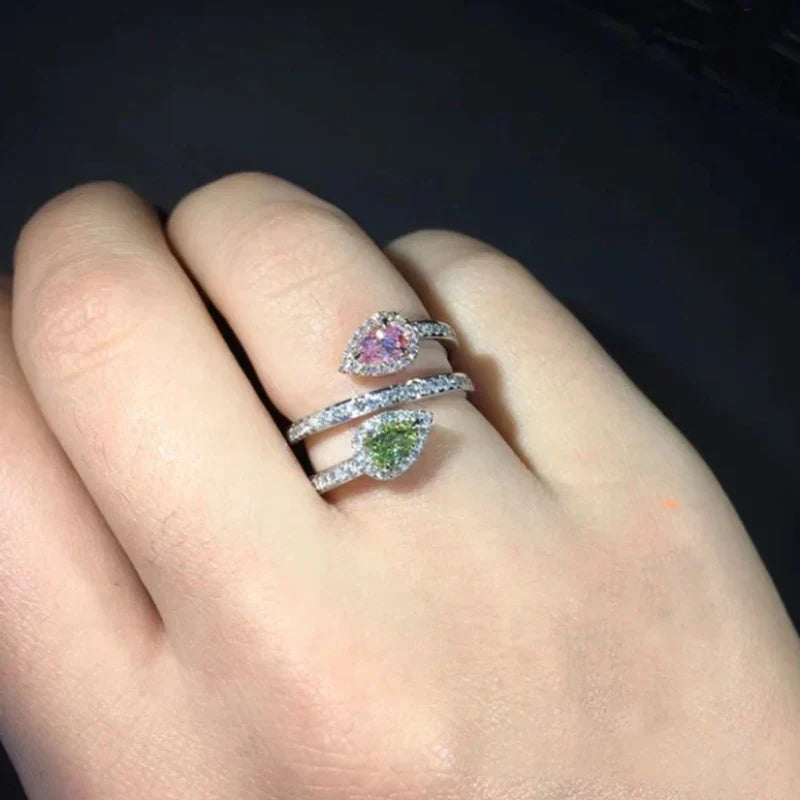 Huitan Pink & Green CZ Cross Ring | Waterdrop Cubic Zirconia