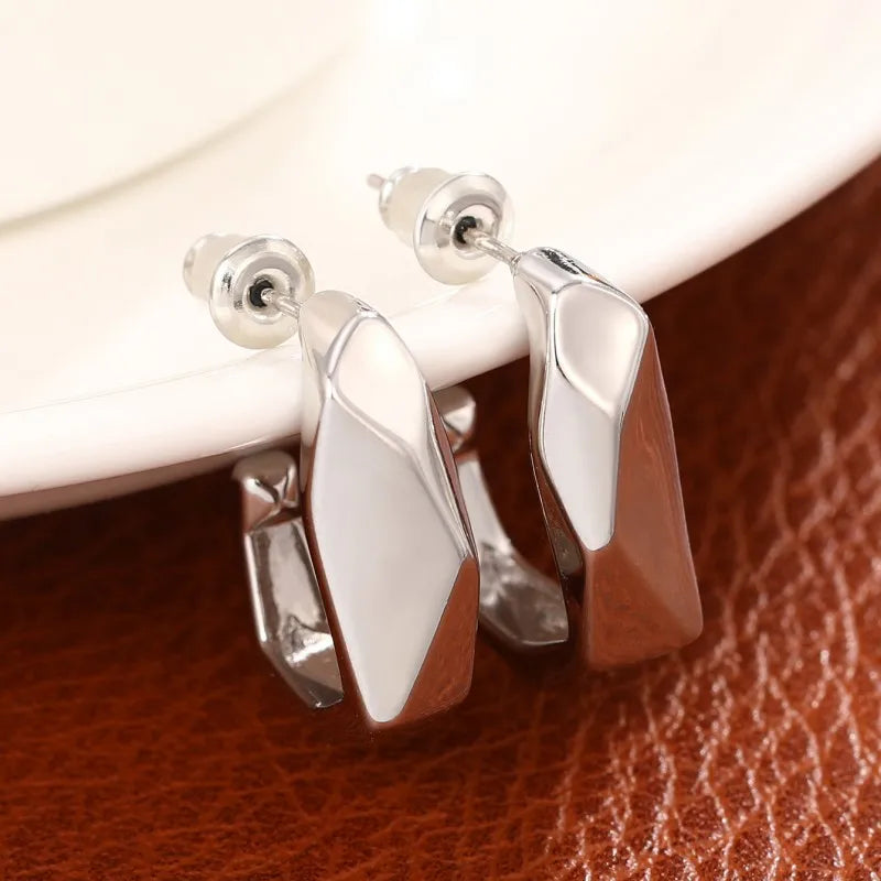 Huitan Silver Irregular Hoop Earrings – Geometric Fashion Jewelry