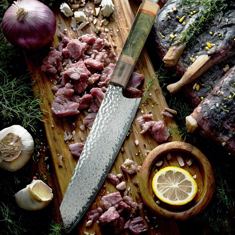 Damascus Steel Chef's Knife – Japanese-Style Wood Handle 20cm