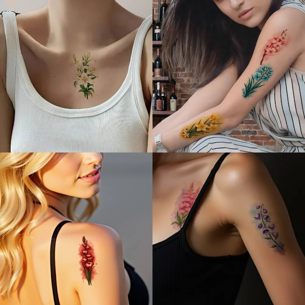 9pc Temporary Tattoos – Lotus, Green Leaves & Pink Blossoms