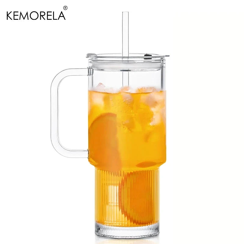 KEMORELA 750ml Glass Tumbler with Handle, Lid & Straw
