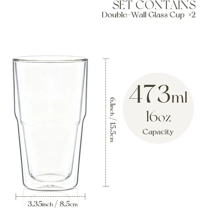 KEMORELA 473ml Double Wall Glass Tumbler Set of 2 | Insulated
