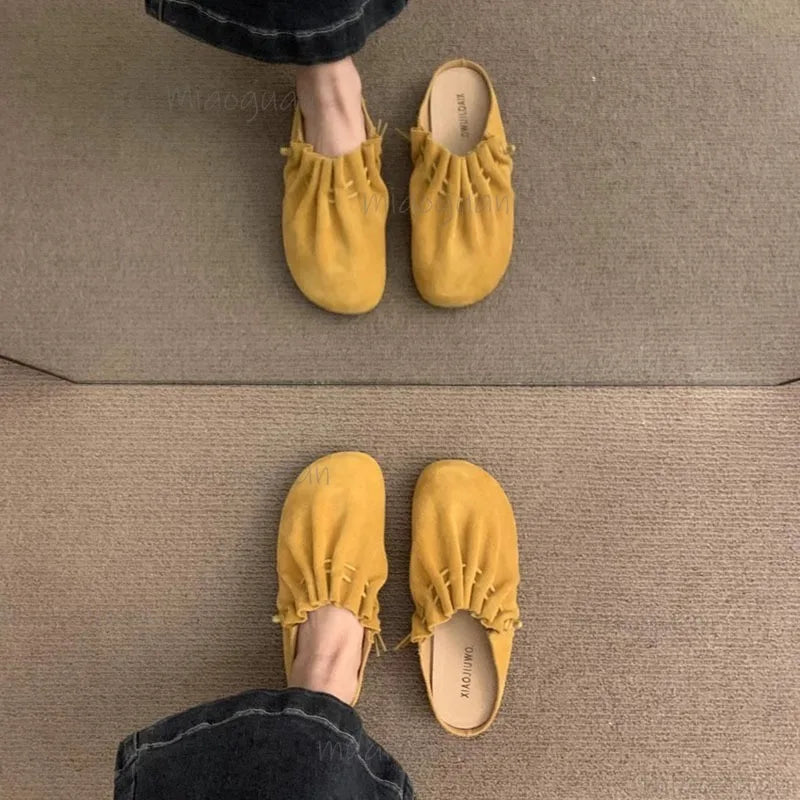 Women's Suede Flat Mule Slides – Slip-On Casual Sandals