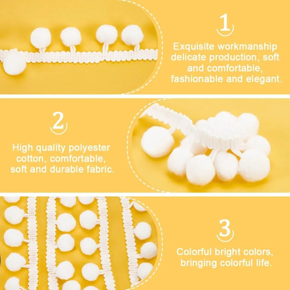 22 Yards White Pom Pom Ball Fringe Trim – 10mm Tassel Lace