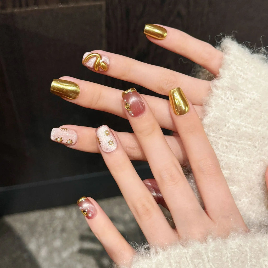 3D Gold Snake Press-On Nails | Cat Eye Short False Nail Tips