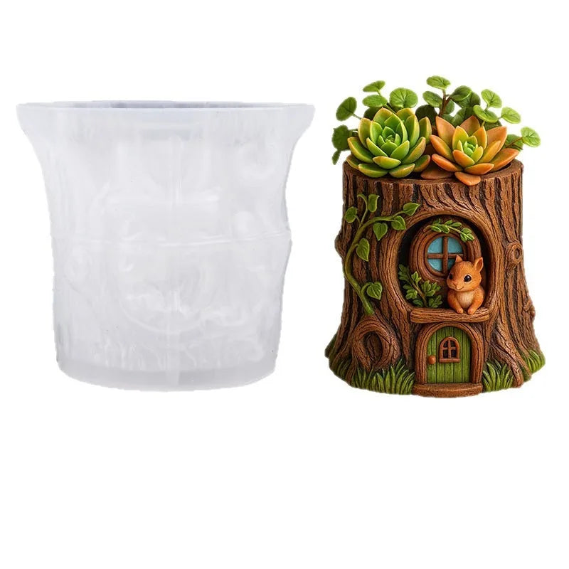Fairy Tale Tree Stump Squirrel Planter Silicone Mold DIY Cement Resin