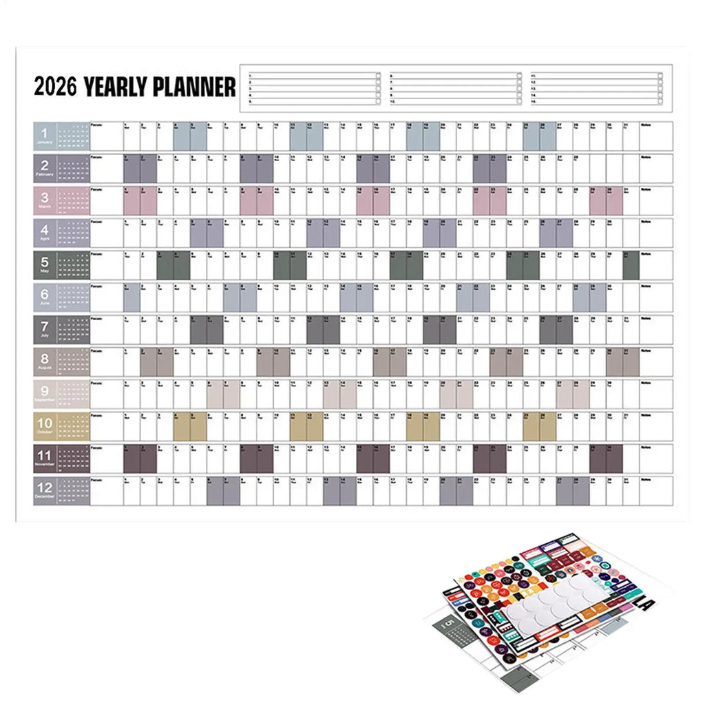 2026 Yearly Wall Calendar Poster with Stickers | Large Planner
