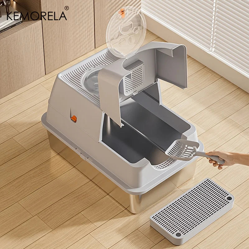 KEMORELA XL Stainless Steel Cat Litter Box – High-Sided + Scoop