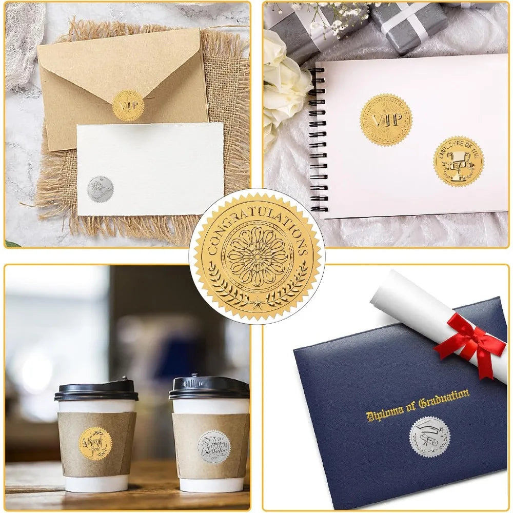 Gold Foil Congratulations Stickers – 100pc Embossed Round Seals