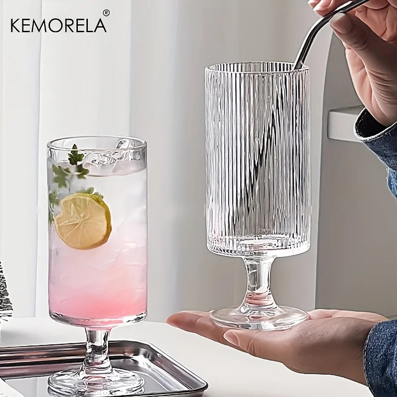 KEMORELA High-Foot Striped Glass Cup – Coffee, Wine & Juice