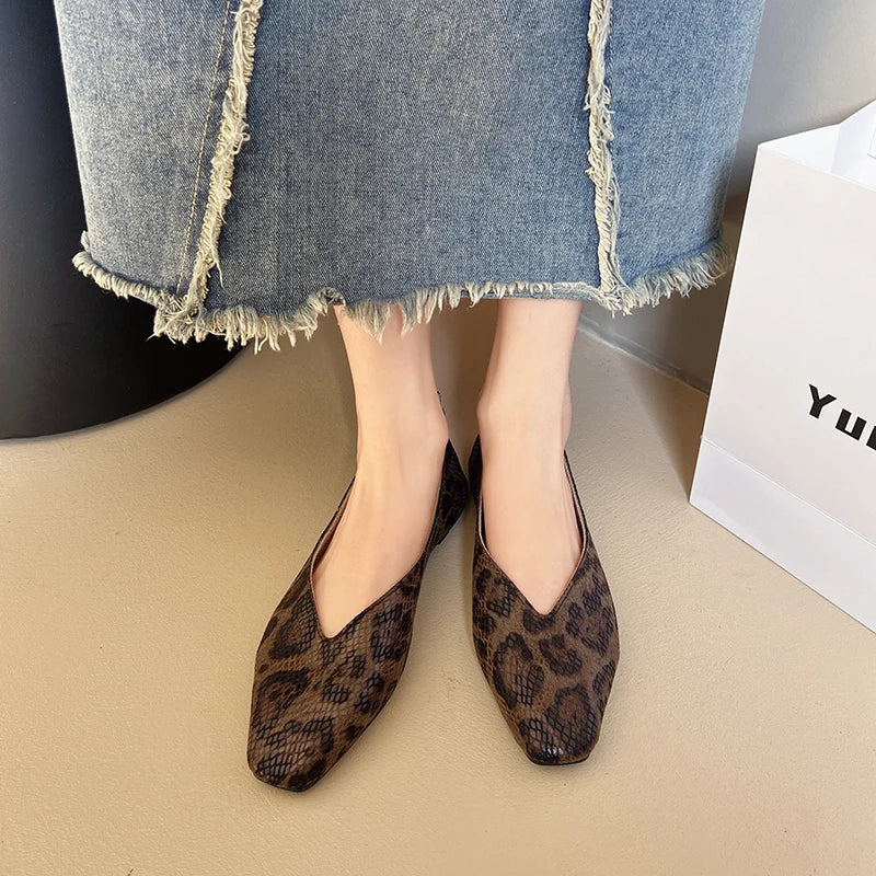 Snake Print Women's Ballet Flats – Square Toe Slip-On Loafers