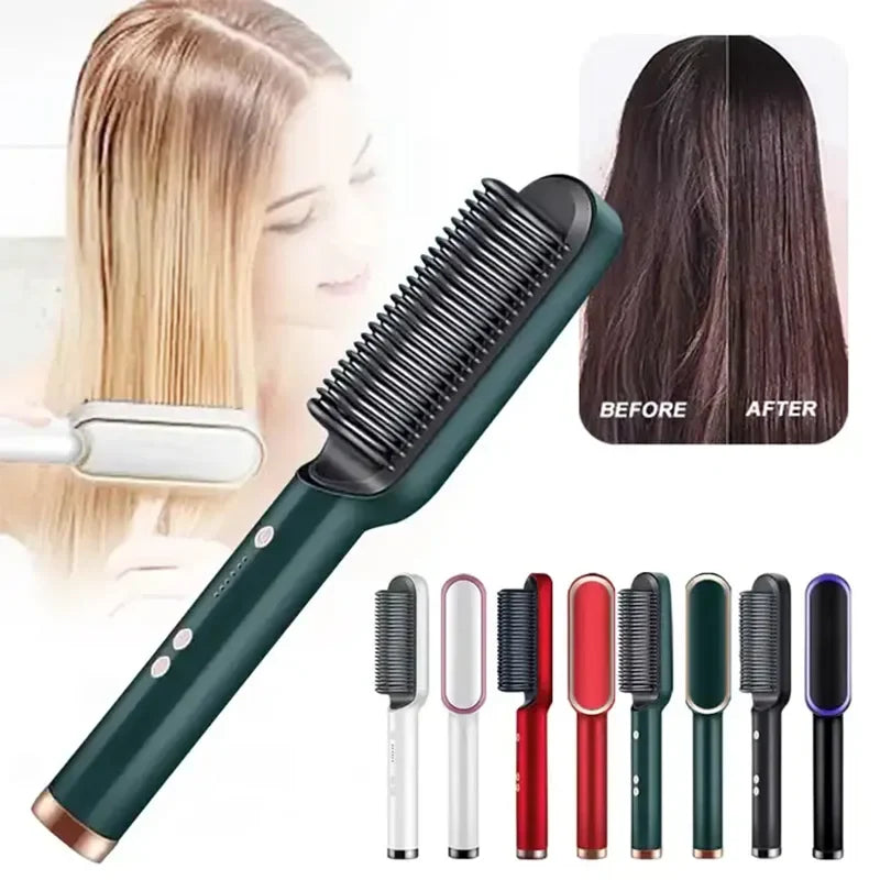 2-in-1 Ceramic Hair Straightener Brush | Negative Ion Hot Comb