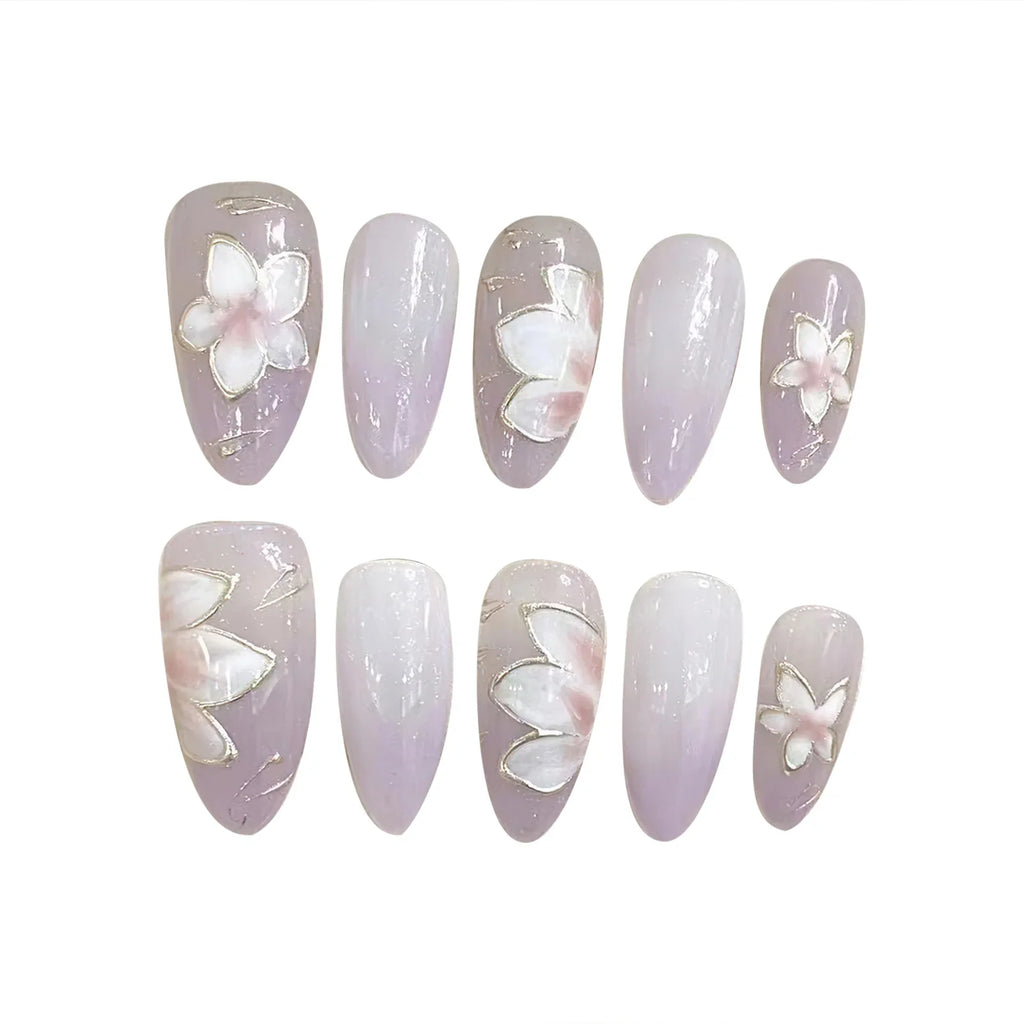 Purple Flower Almond Press On Nails | Japanese Style 10pcs