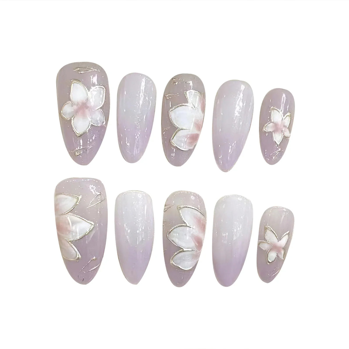 Purple Flower Almond Press On Nails | Japanese Style 10pcs