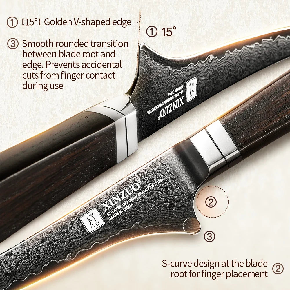XINZUO 7.2" Damascus Steel Fillet Knife – Ebony Wood Handle