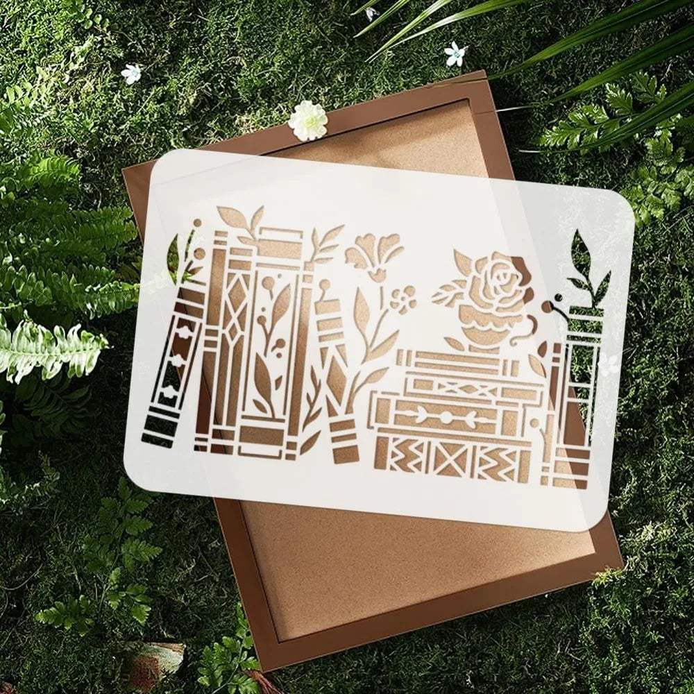 Book & Plants Wall Stencil – Reusable 11.69"x8.27" Template