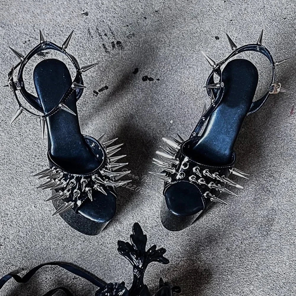 Women's Black Spiked Stiletto Sandals – Rivet Ankle Strap Heels
