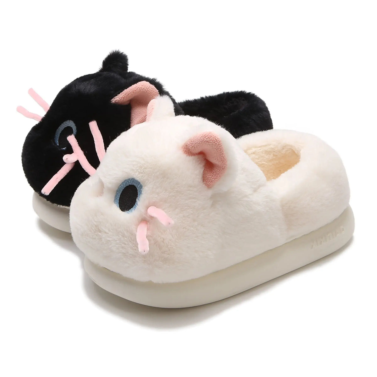 Women's Black Cat Fluffy Plush Slippers | Faux Fur Mules