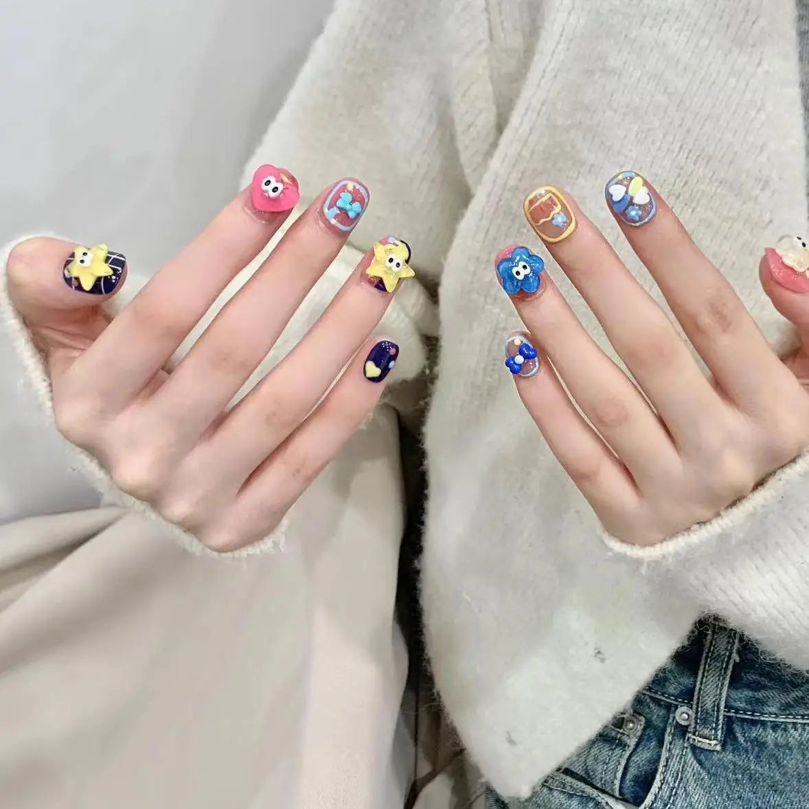 Handmade Y2K Press-On Nails Star & Cloud Cartoon Resin – 10pcs