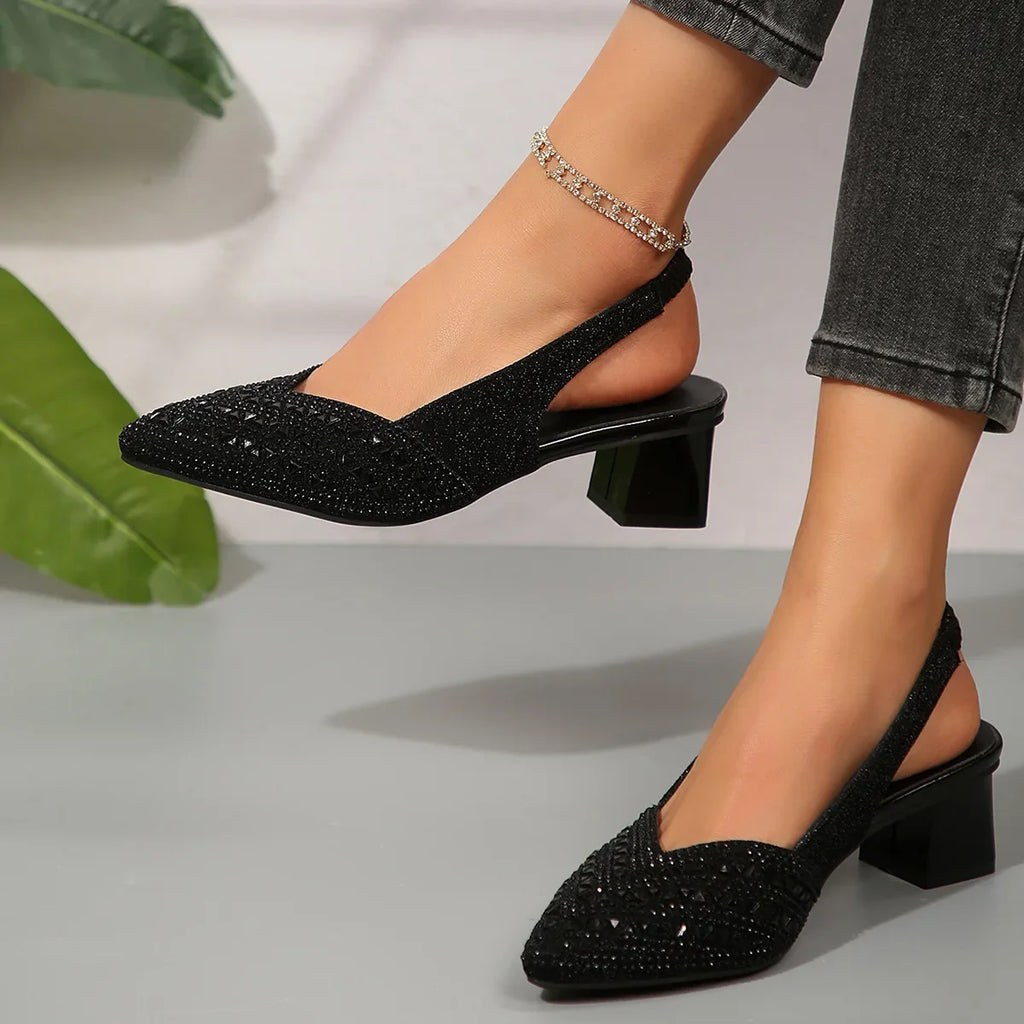 Crystal Black Pointed-Toe Square Heel Slip-On Pumps | Dress Shoes