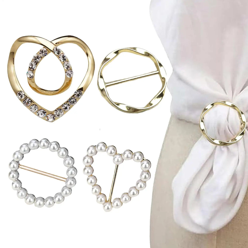 Women's Scarf Ring Clips 4-Piece Set – Pearl & Crystal Buckles
