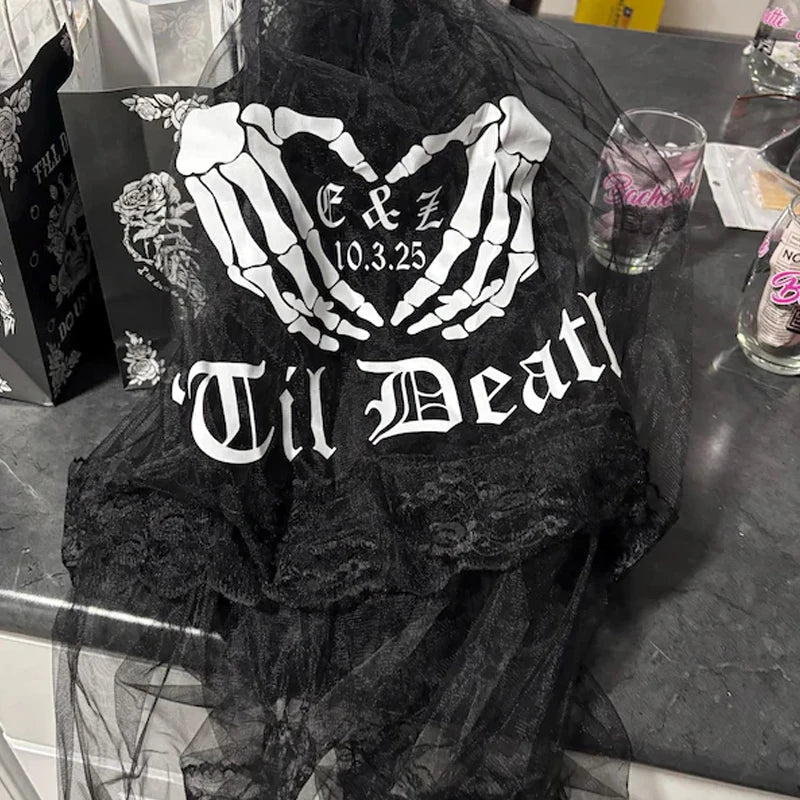 Personalized Gothic 'Til Death Skeleton Hand Black Veil | Wedding