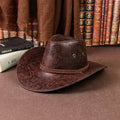 Vintage Faux Leather Western Cowboy Hat Wide Brim Retro Cowgirl Chin