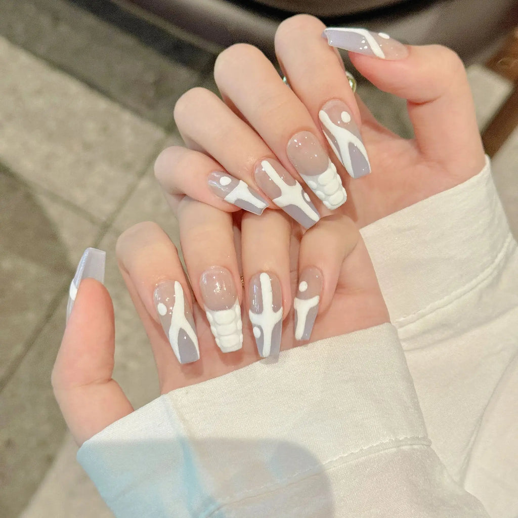 Geometric Press-On Nails | Long Coffin Ballet French Tips